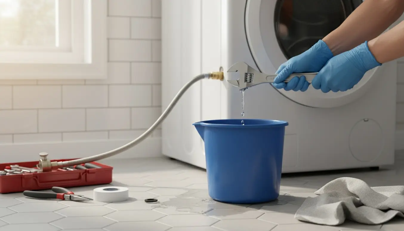 En VVS'er strammer en utæt vaskemaskineslange over en spand i en lys vaskekælder.