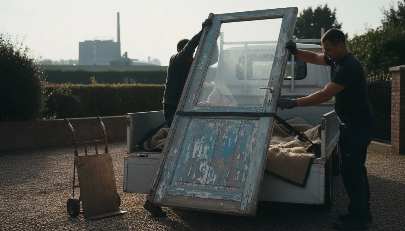 Gammel terrassedør med ramme læsset og sikret på en varebil klar til afhentning og bortkørsel.