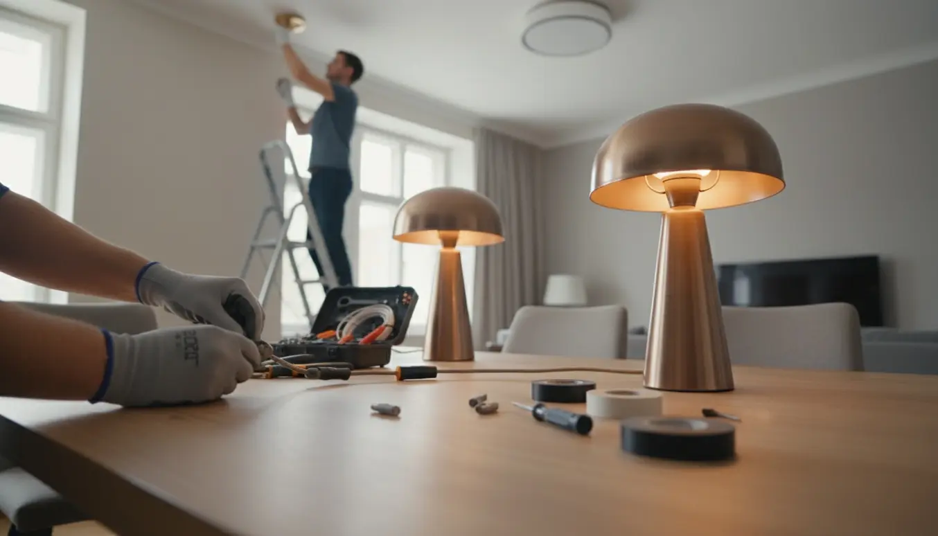 Hænder forbinder to spisebordslamper til ét stik på et bord, mens en loftslampe monteres fra en stige.