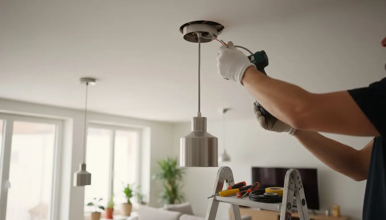 Elektriker monterer en loftslampe i et gipsloft med hænder og værktøj i fokus.