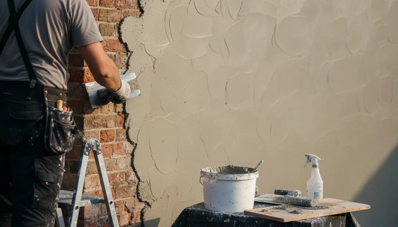 Hænder pudser en udvendig mur med murske, med færdig pudset sektion som reference.