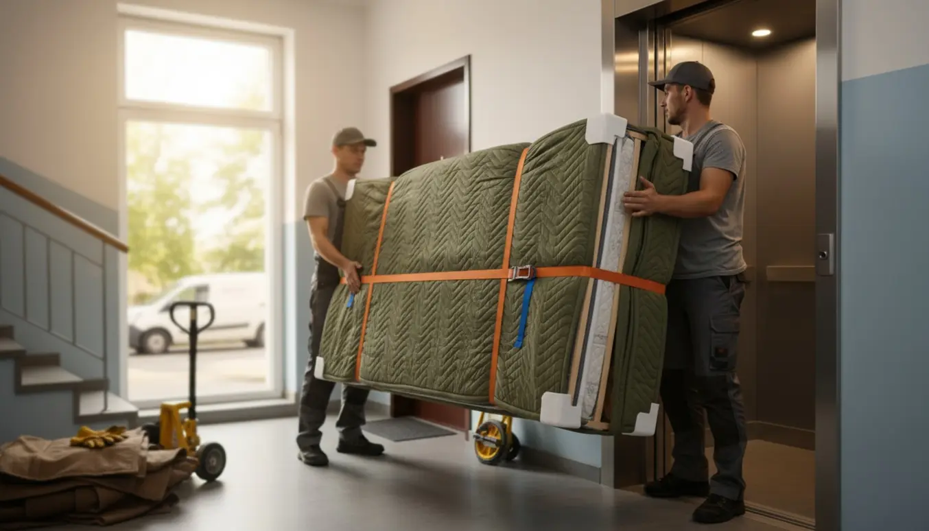 To flyttefolk fører en 140x200 cm seng ind i en elevator, pakket i flyttetæpper og sikret med stropper.