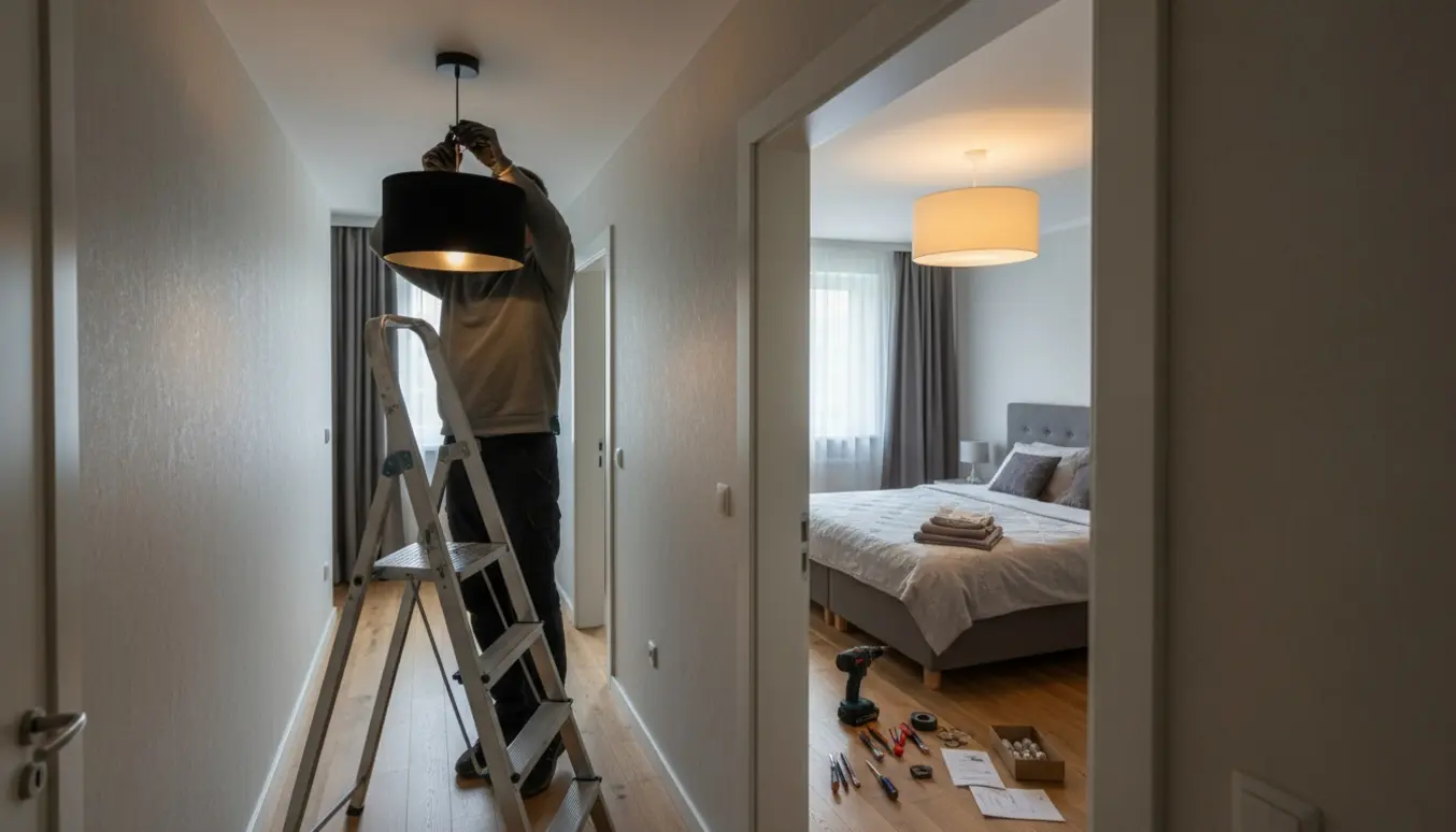 To loftlamper installeres i en gang og i et soveværelse, en tekniker arbejder fra en stige med værktøj.