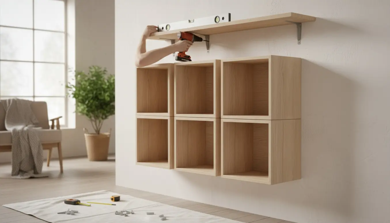 Nærbillede af hænder, værktøj og monterede kubiske reoler og en væghylde på en gipsvæg.