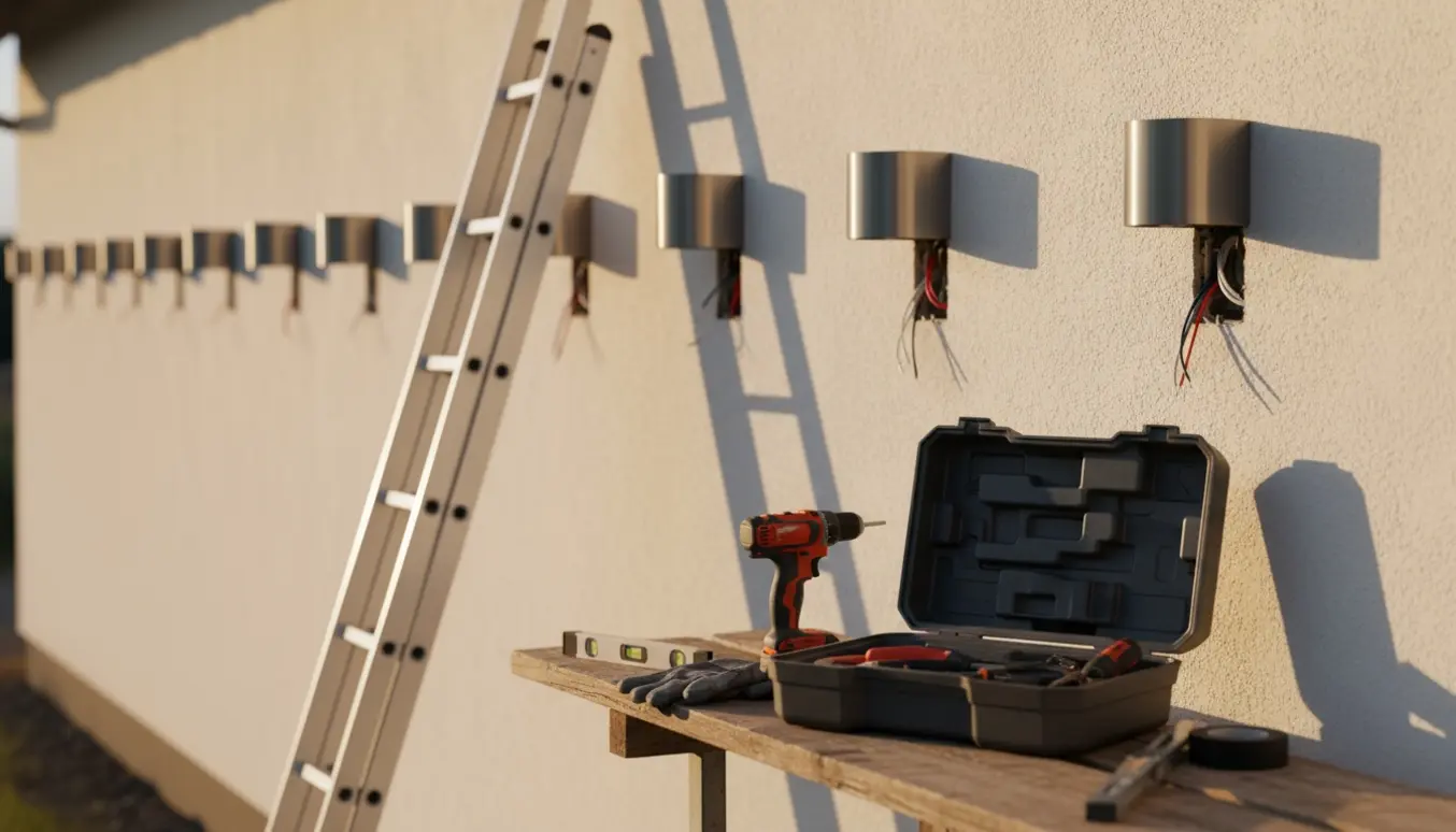 Montering af flere udendørs væglamper på en husfacade med værktøj i forgrunden.