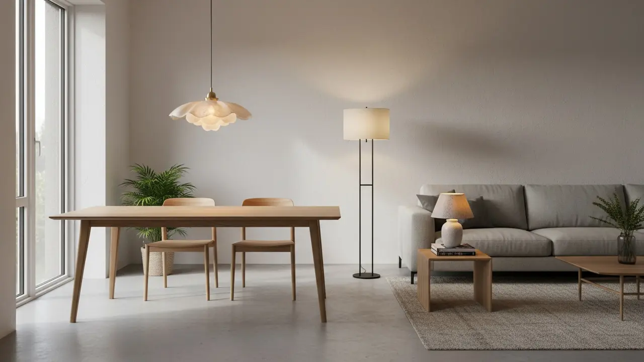 Moderne stue med pendel, gulvlampe og bordlampe, varm stemningsfuld belysning