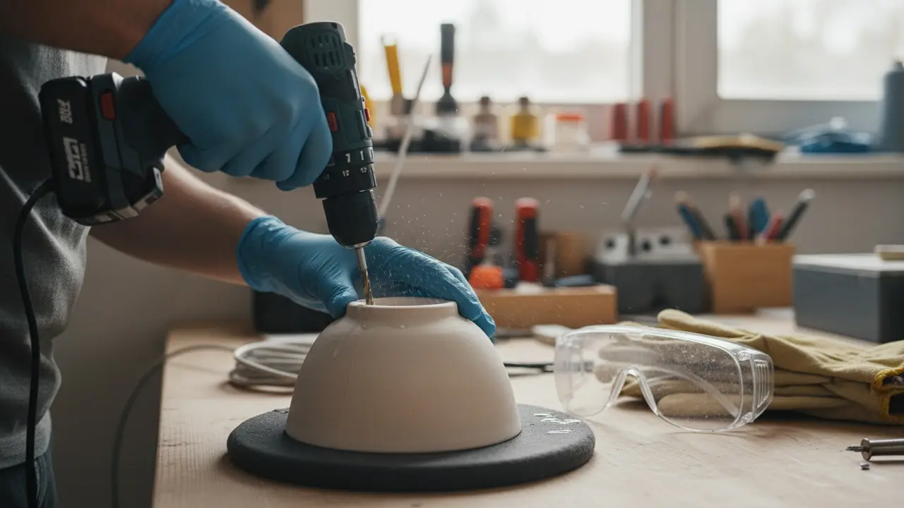 Nærbillede af keramikskål der bores med boremaskine, vand til afkøling og sikkerhedsudstyr