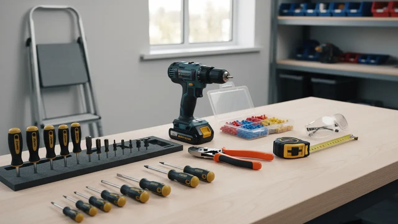Arbejdsbord med værktøj: skruetrækker, boremaskine, ledningssamlere, trækker, målebånd, stige og sikkerhedsbriller