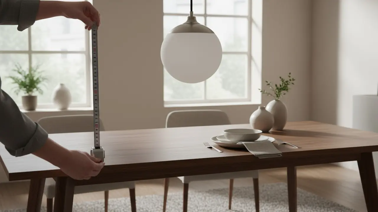 Person måler afstanden fra bordplade til bund af en pendel med målebånd over spisebord