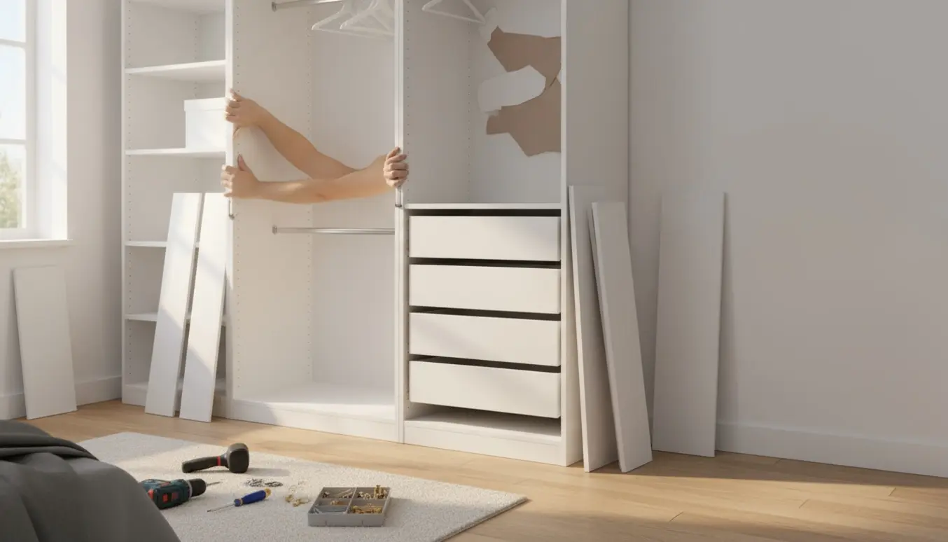 Hænder samler et højt hvidt garderobeskab i et lyst soveværelse med værktøj og dele på gulvet.