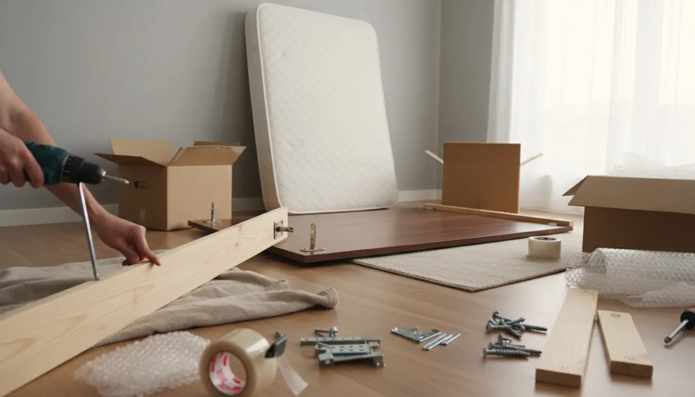 Hænder skiller en seng og et skab ad i et soveværelse klar til flytning.