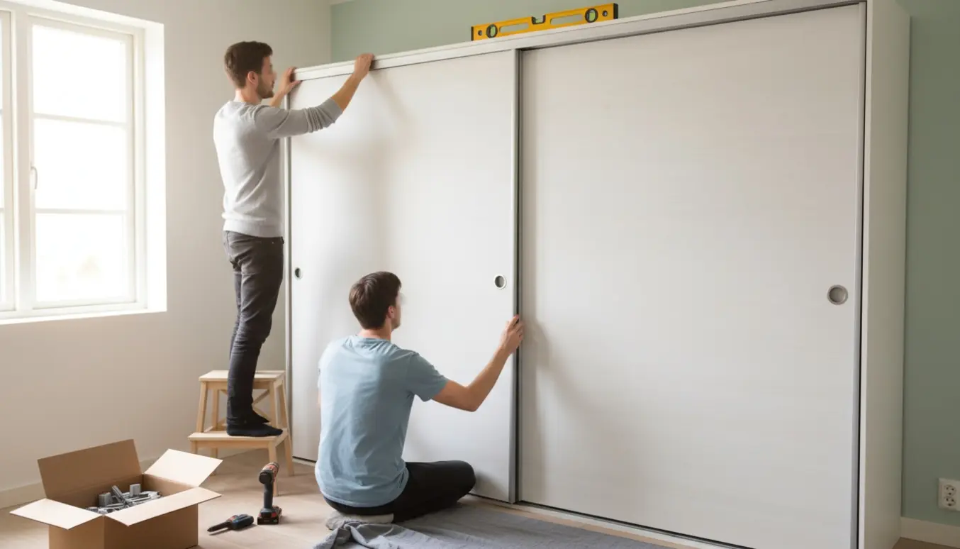 To personer monterer skydelåger på et hvidt garderobeskab med synlige øvre og nedre skinner og værktøj.