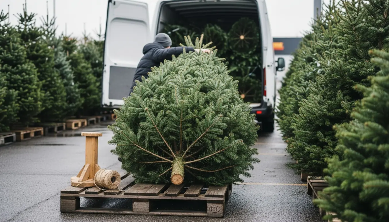 Et nyligt afkortet juletræ sikres på taget af en bil ved afhentningsområdet uden synlige ansigter.