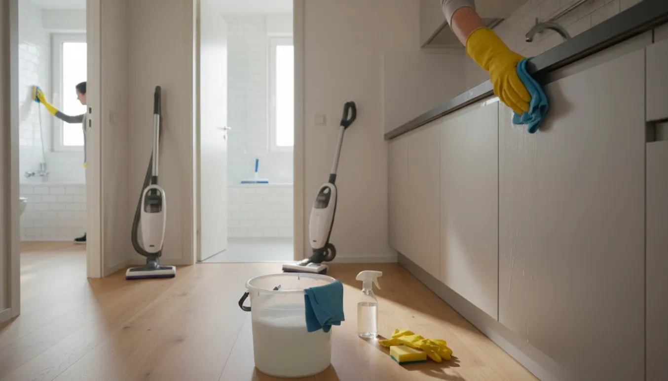 Rengøringsudstyr og handsker i en lys, tom lejlighed under fraflytningsrengøring af køkken og badeværelse.