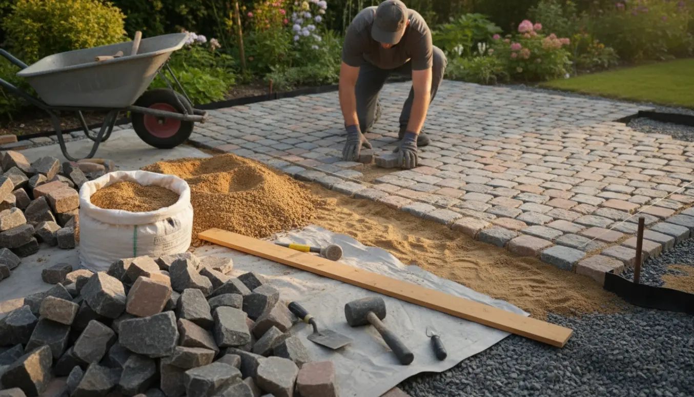 Baghavepatio under anlæg med chausse­sten, værktøj og handsker i fokus.