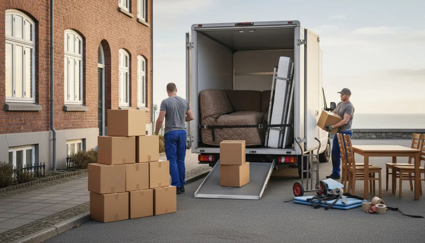 Flyttebil foran et skandinavisk hjem med femten flyttekasser, en hjørnesofa, en seng, stole og et bord klar til at blive læsset.