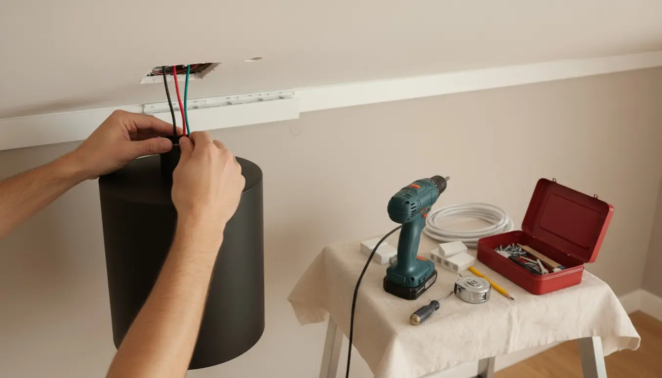 Hænder monterer en loftlampe og skjuler kabler i hvide lister i et lyst opholdsværelse.