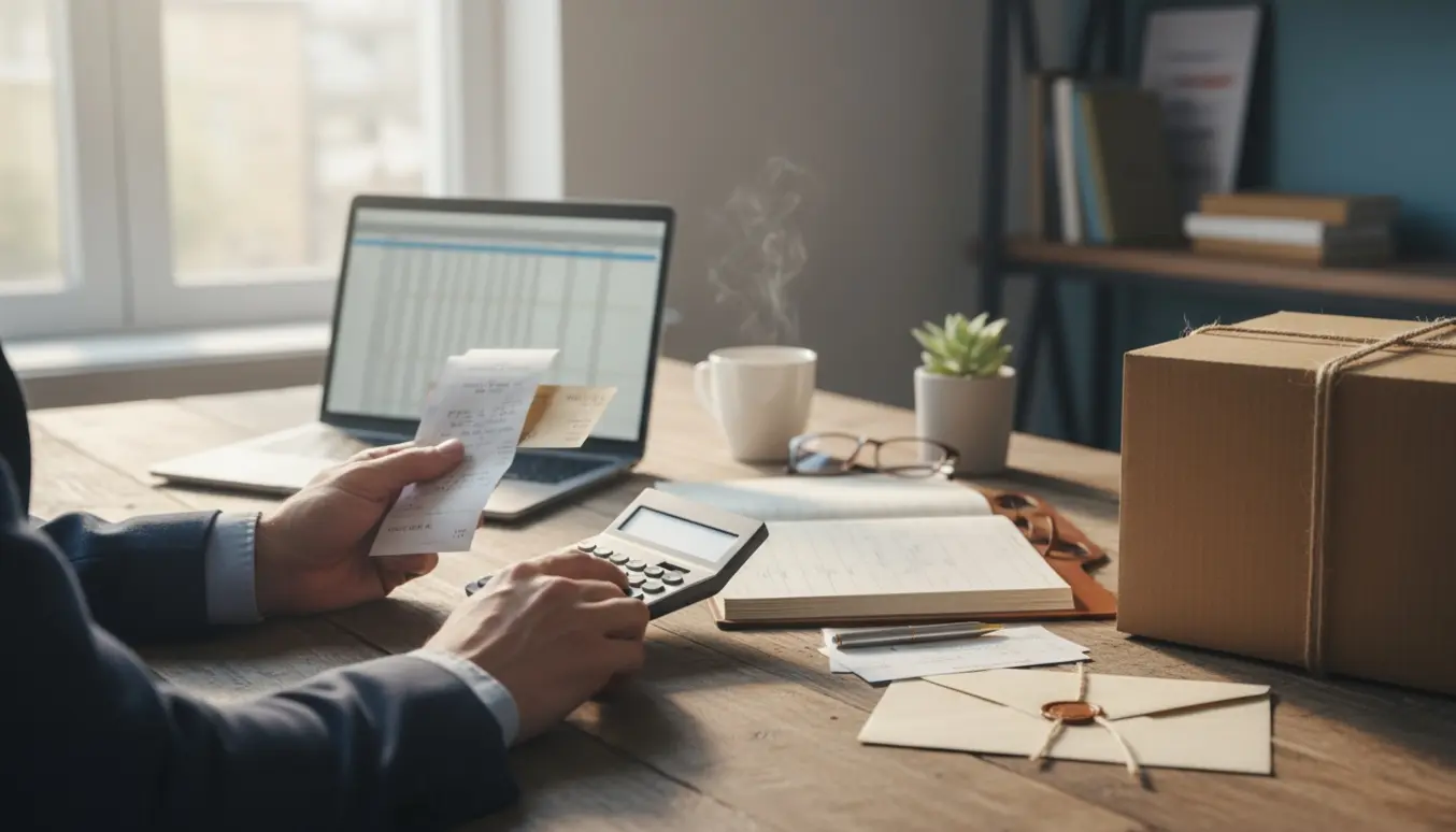 Hænder ordner regnskab ved et skrivebord med kvitteringer, lommeregner, bærbar og en arkivæske klar til nedlukning af enkeltmandsvirksomhed.