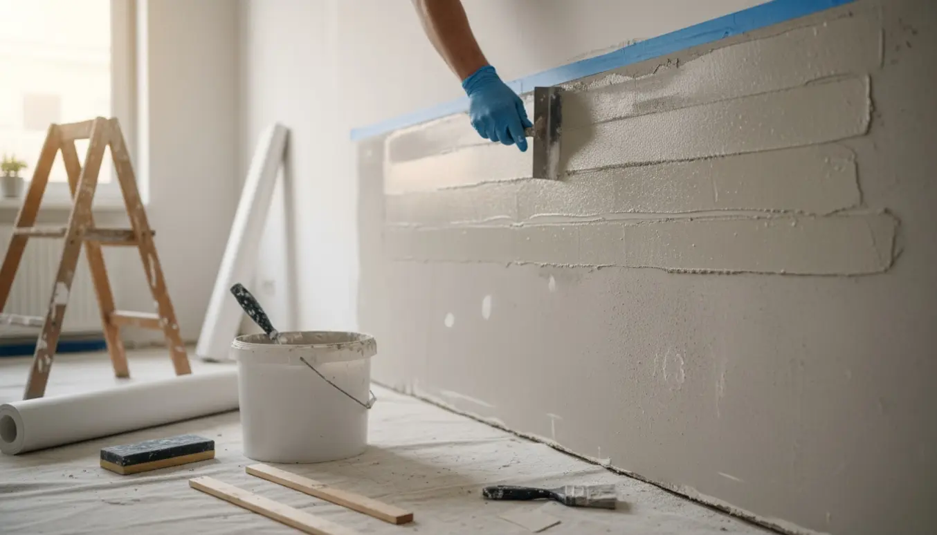 Væg under pudsning med spartel, spand og rulle filt klar til opsætning.
