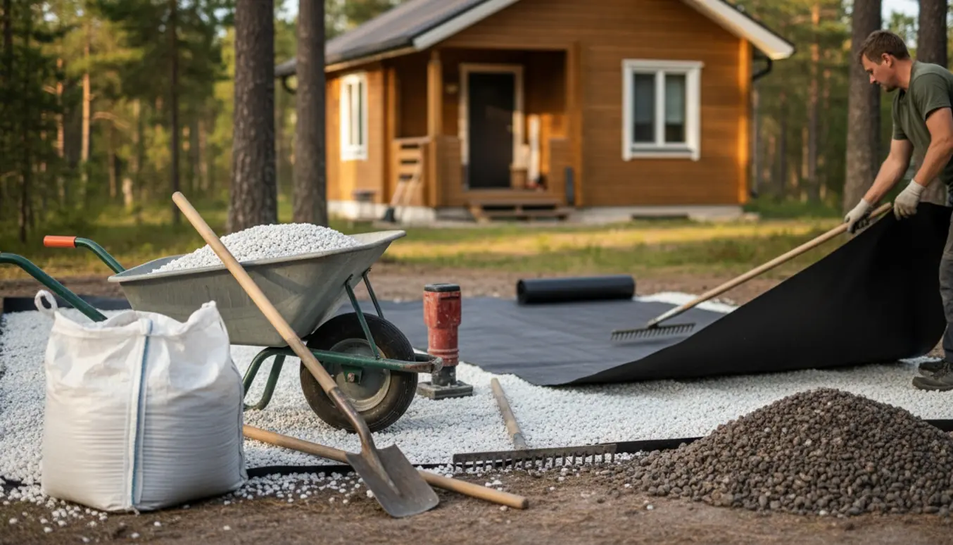 Indkørsel til sommerhus under renovering med trillebør, rive, ukrudtsdug og bunker af gamle og nye hvide ærtesten.