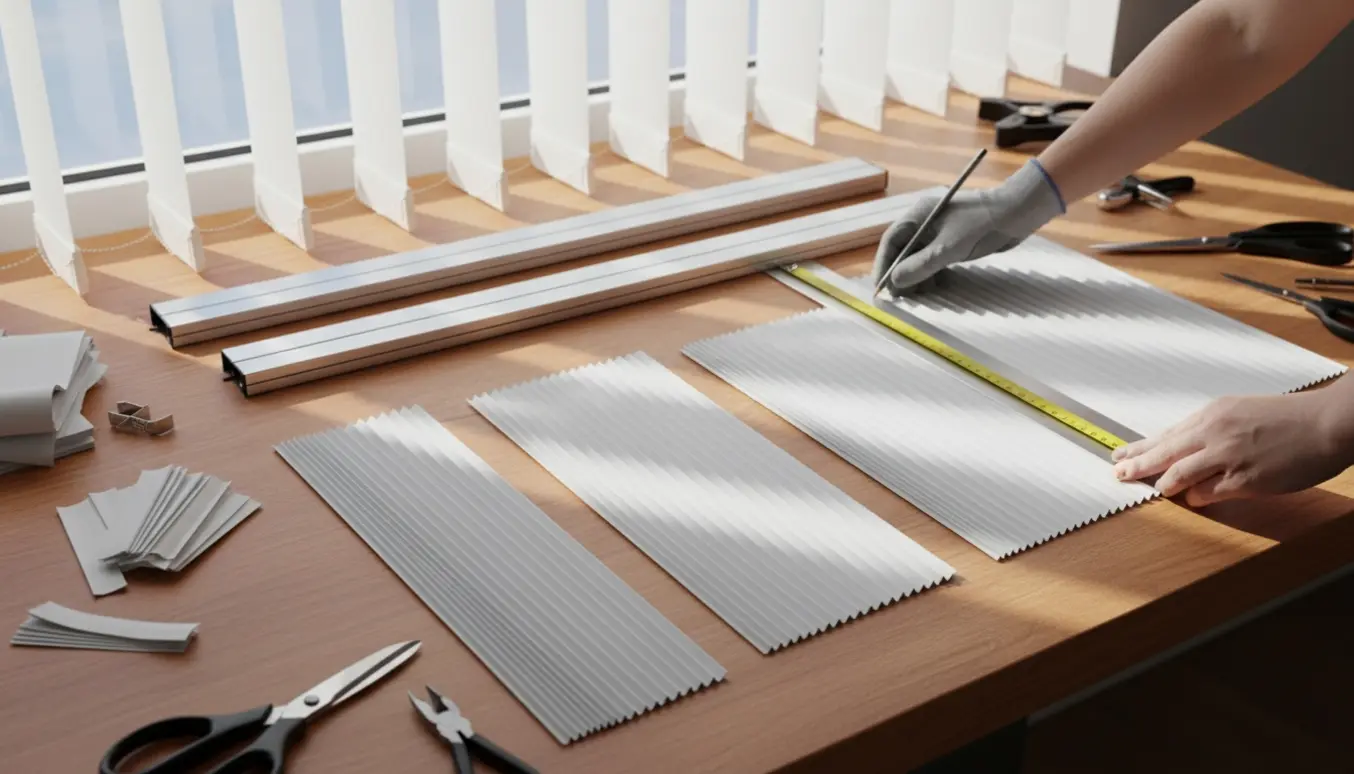 Nærbillede af hænder, der måler og afkorter plissé- og lamelgardiner på et træbord ved et solrigt vindue.