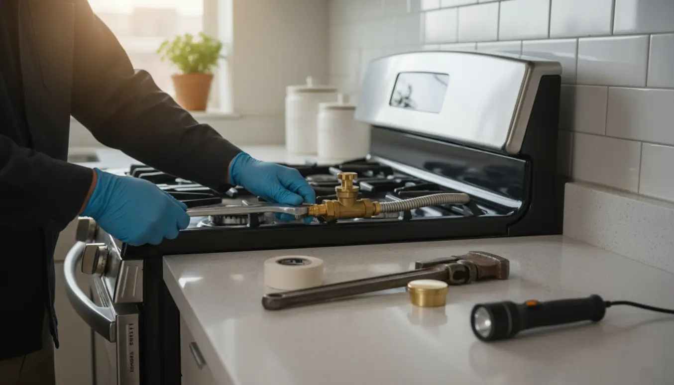 En håndværker frakobler gaskomfurets gasledning i et moderne køkken.