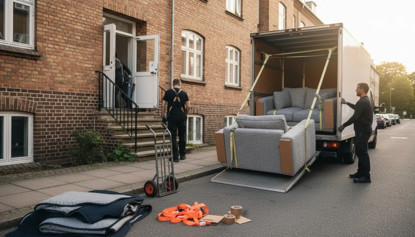 Flyttefolk bærer en modulsofa ned ad trappen og læsser sofaer og en puf ind i en flyttebil foran en boligblok.