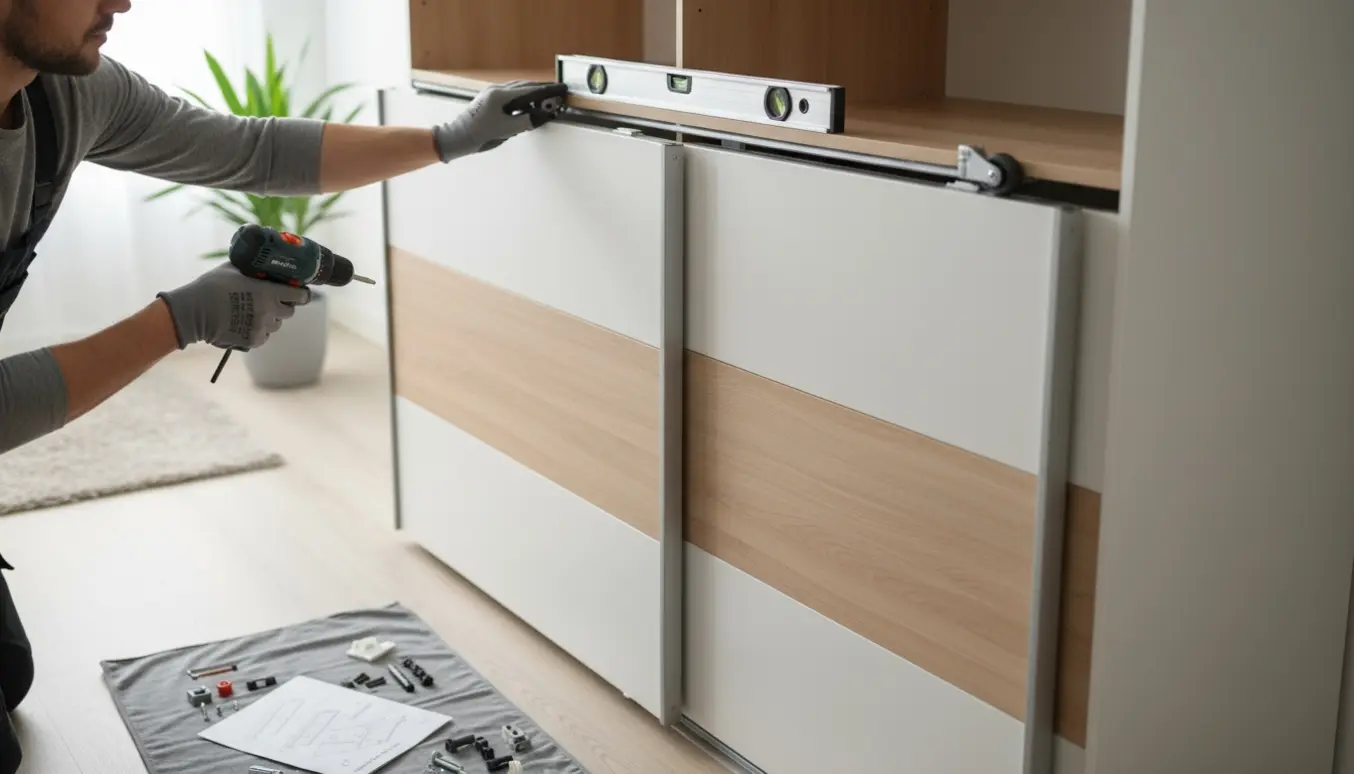 Nogen monterer skydedøre på et samlet PAX-garderobeskab i et lyst, skandinavisk soveværelse.