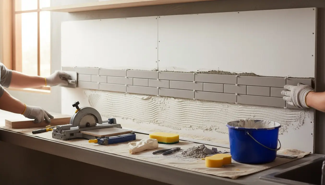 Opsætning af fliser på to gipsplader i et køkken med værktøj og materialer til flisearbejde.