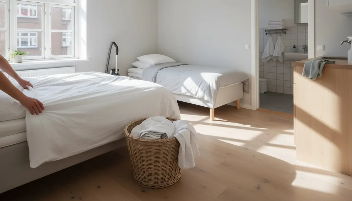 Rengøringsperson skifter sengetøj i en lys, skandinavisk 2-værelses lejlighed i Valby med friske lagner og rengøringsudstyr.