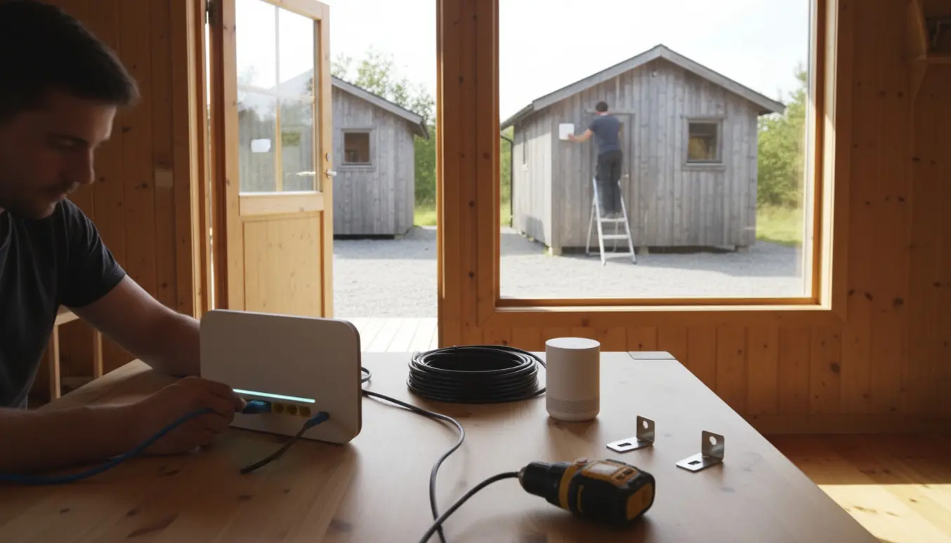 Tekniker installerer router og trådløse forstærkere i et sommerhus med to annexer i baggrunden.