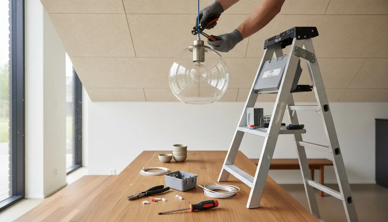 Installatørs hænder forbinder en klar glaspendel over et spisebord under et Troldtekt-loft.