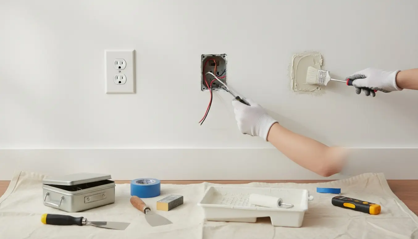 Tre stikkontakter på en hvid væg i forskellige stadier af fjernelse og reparation med værktøj i forgrunden.