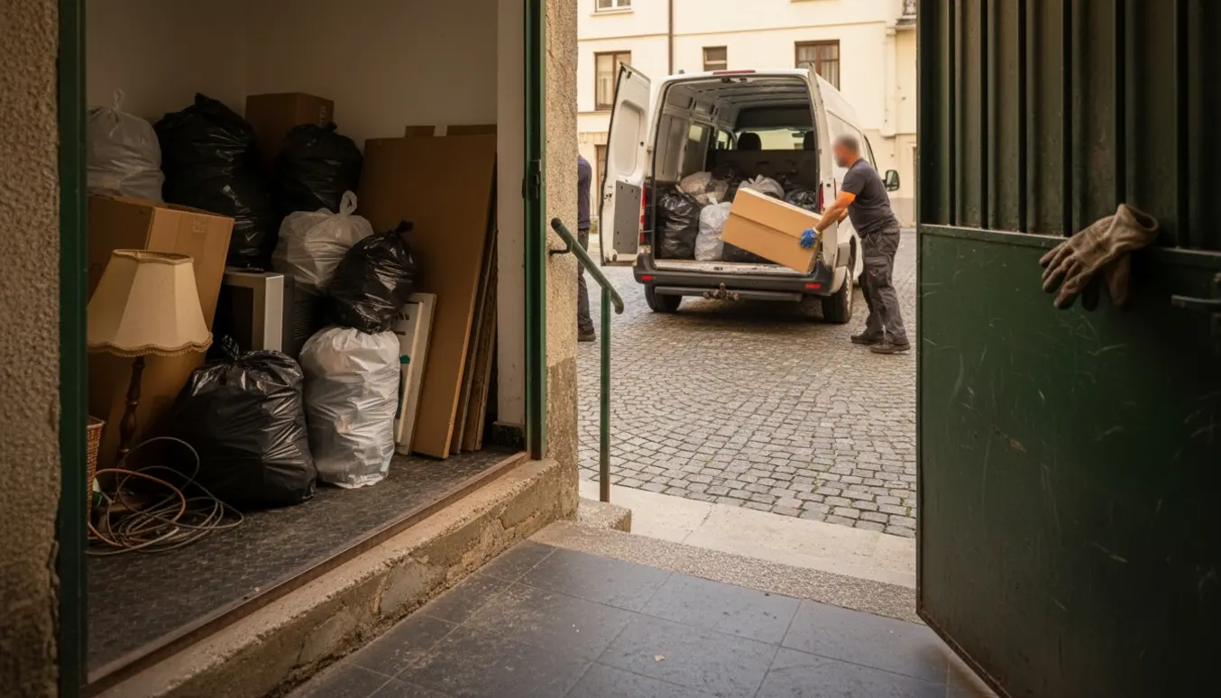 Hjælpere læsser sække og kasser med blandet affald fra et kælderrum op i en varevogn i gården.