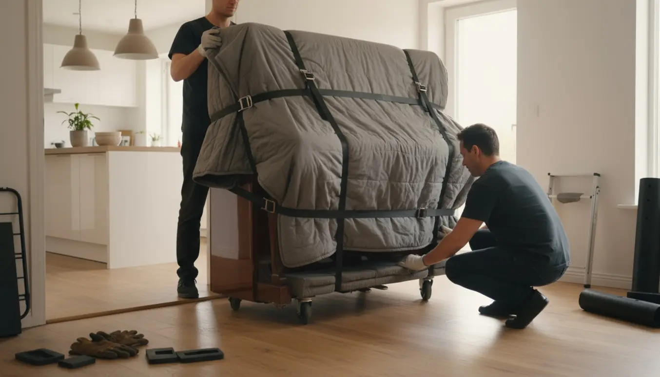 Et opretstående klaver pakket på en dolly i et køkkenalrum, klar til at blive båret gennem en dør med et dørtrin.