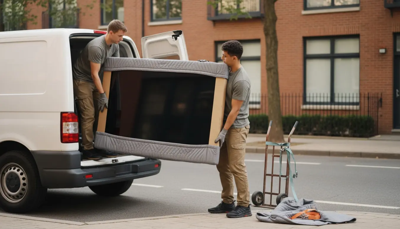 To personer læsser forsigtigt en tynd 55 tommer OLED-fladskærm ind i en varevogn.