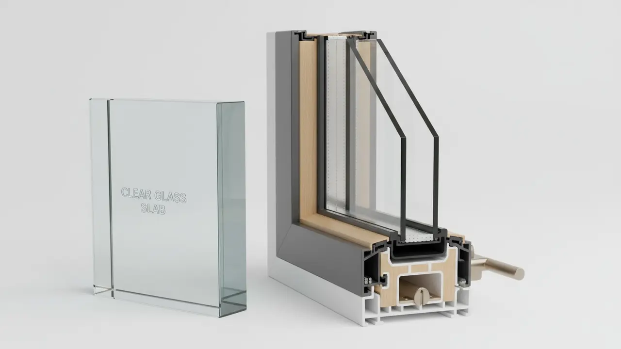 Snitdiagram af en rude (glas) ved siden af et komplet vindue med ramme og beslag