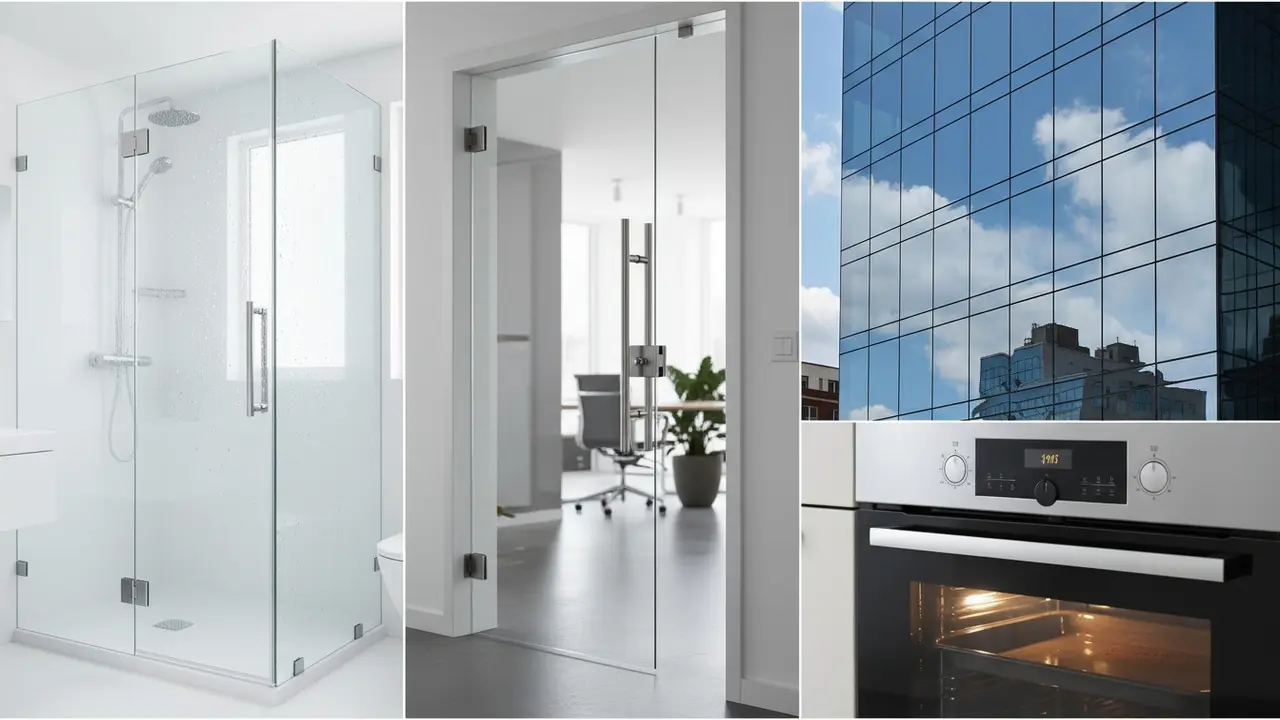 Eksempler på hærdet glas: brusekabine, glasdør, ovnlåg og glasfacade