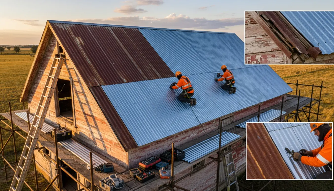 Udskiftning af ståltag på en gammel lade med nye stålplader og arbejdende tagdækkere i varmt eftermiddagslys.