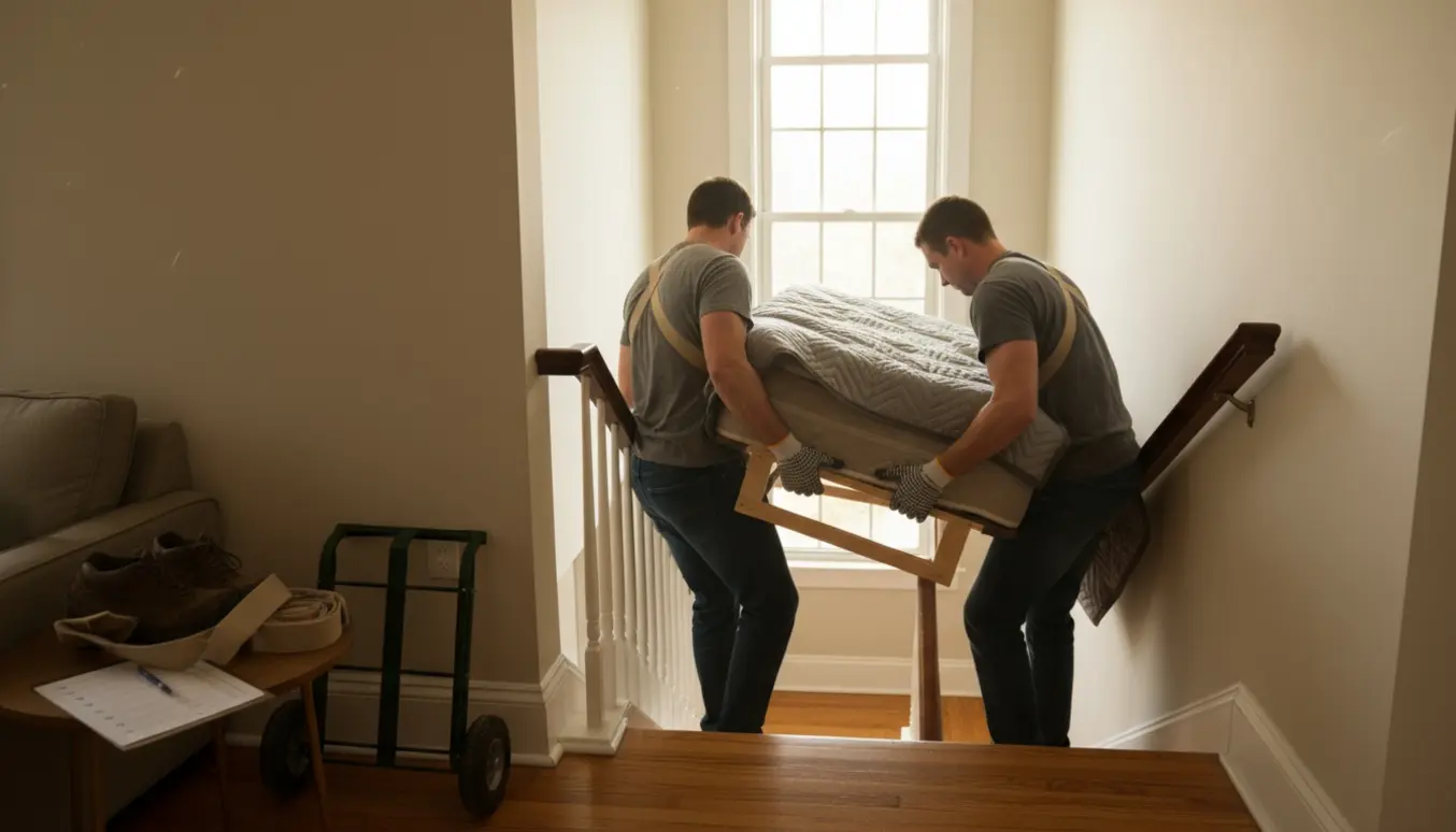 To personer bærer en 1,5-mands seng op ad en trappe med flyttetæpper og remme.