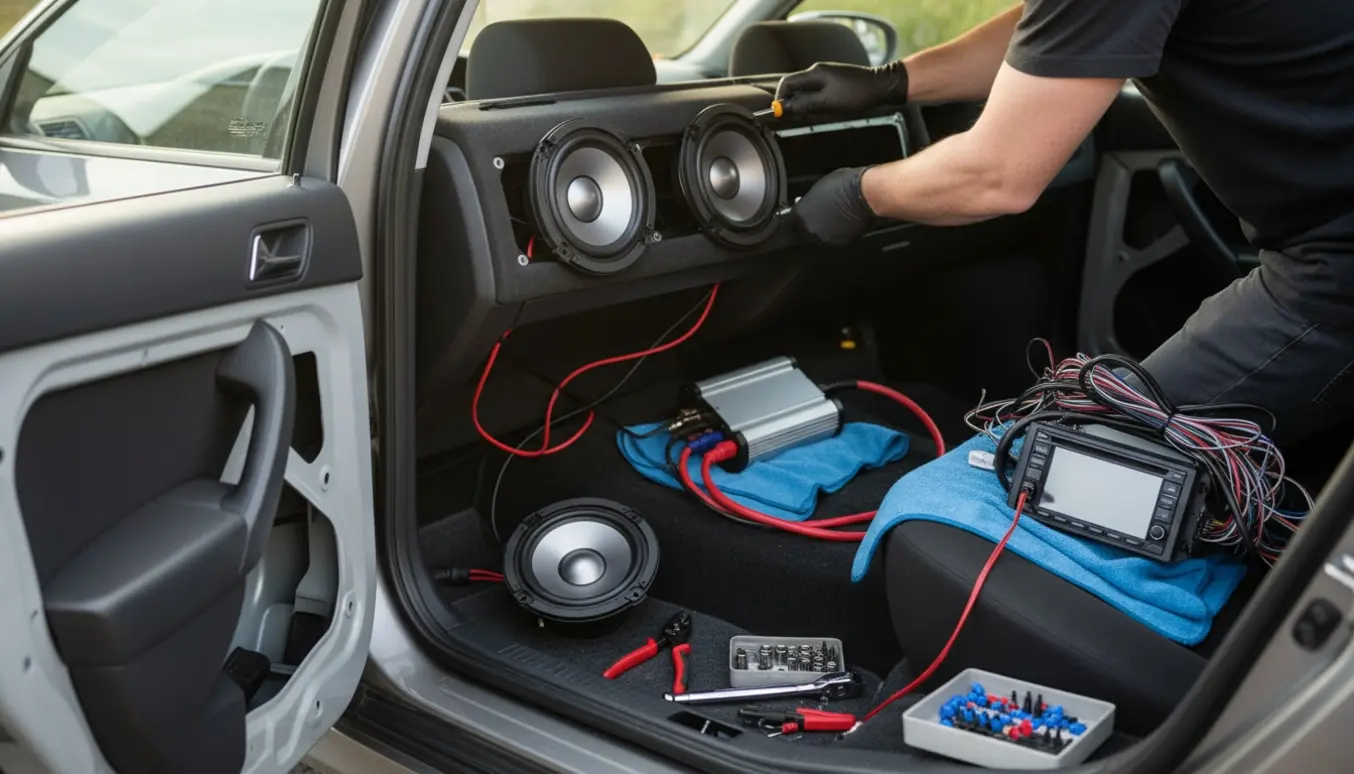 Bilinteriør under montering af lydanlæg med nye højttalere i hattehylden, åbne dørpaneler, forstærker og ny radio klar til installation.