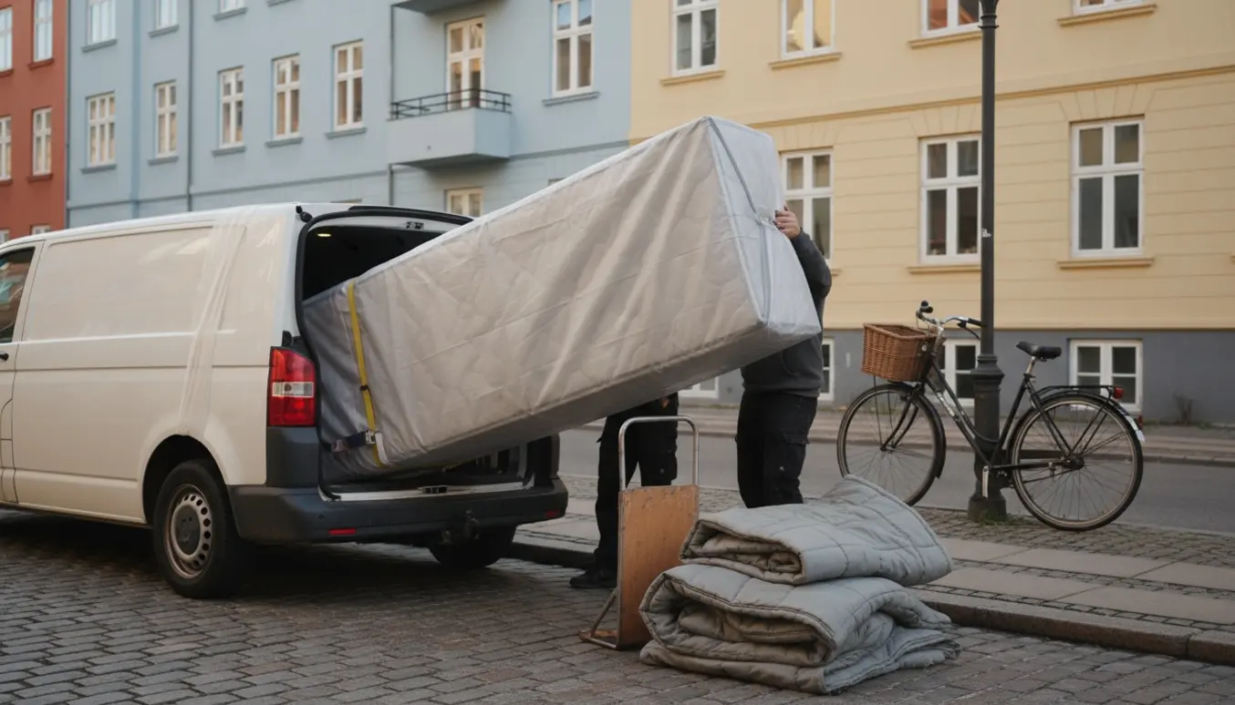 Boxmadras 140x200 pakket og fastgjort i en varevogn på en stille gade i København, klar til afhentning.