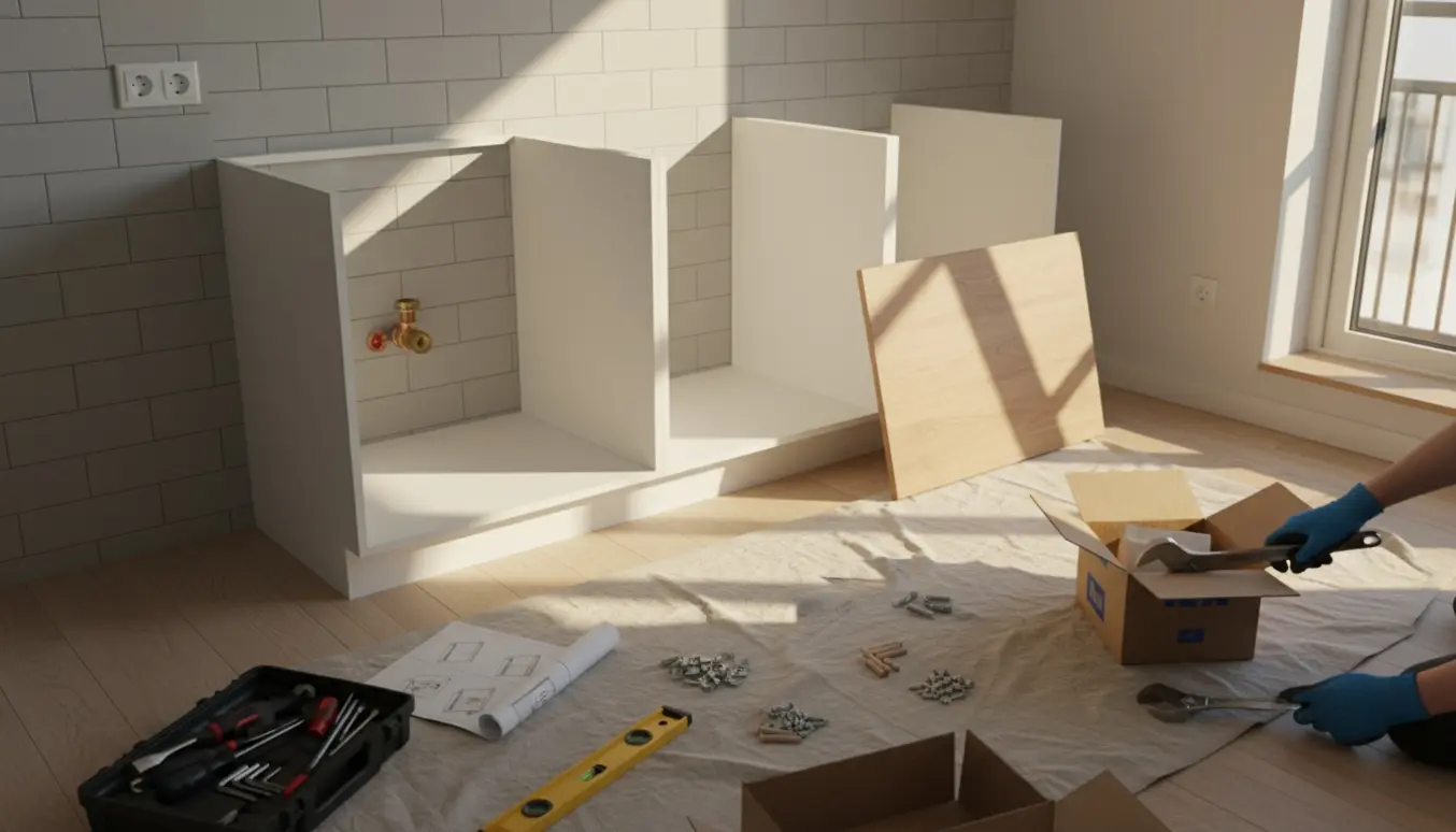 Hænder monterer en messingprop på et blottet gasrør i et lille Ikea-køkken under opsætning.