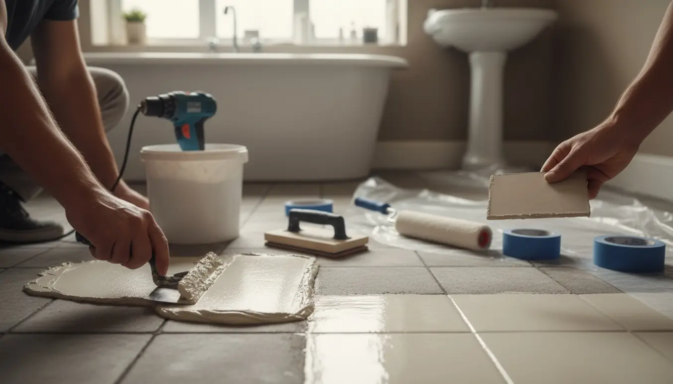 Badeværelsesgulv under renovering med microcement og silkefinish, værktøj og eksisterende fliser synlige.