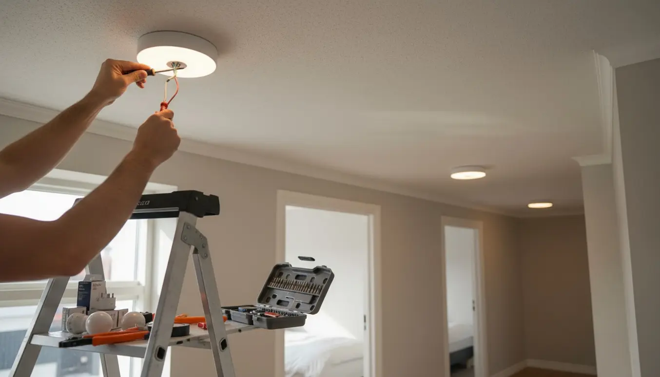 Installering af tre plafondlamper, én monteres fra en trappestige mens to andre er synlige i hjemmet.