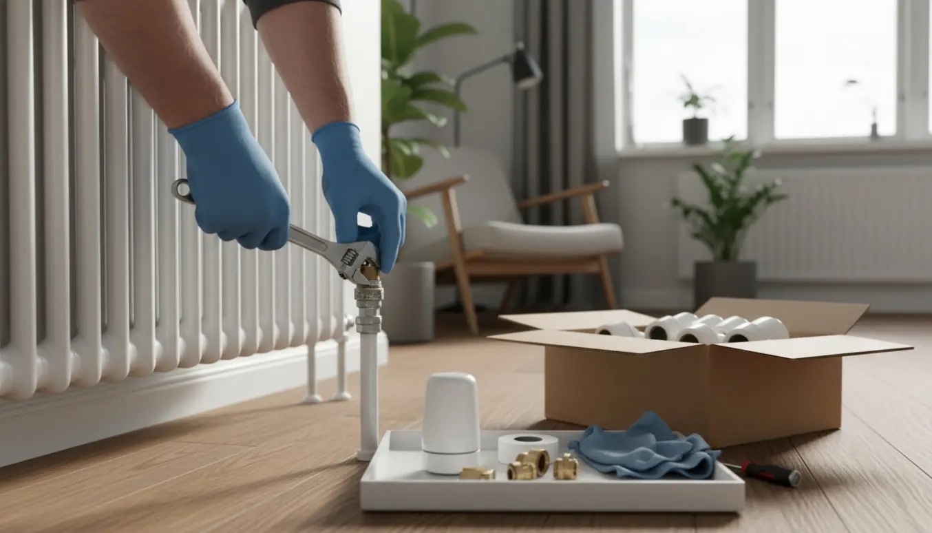 Nærbillede af udskiftning af gammel radiatorventil til en moderne hvid termostat i et lyst skandinavisk rum.