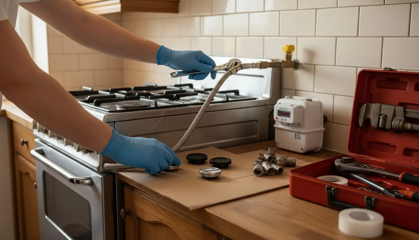 Tekniker afmonterer et gaskomfur i et køkken med værktøj og en fjernet gasmåler klar til bortskaffelse.
