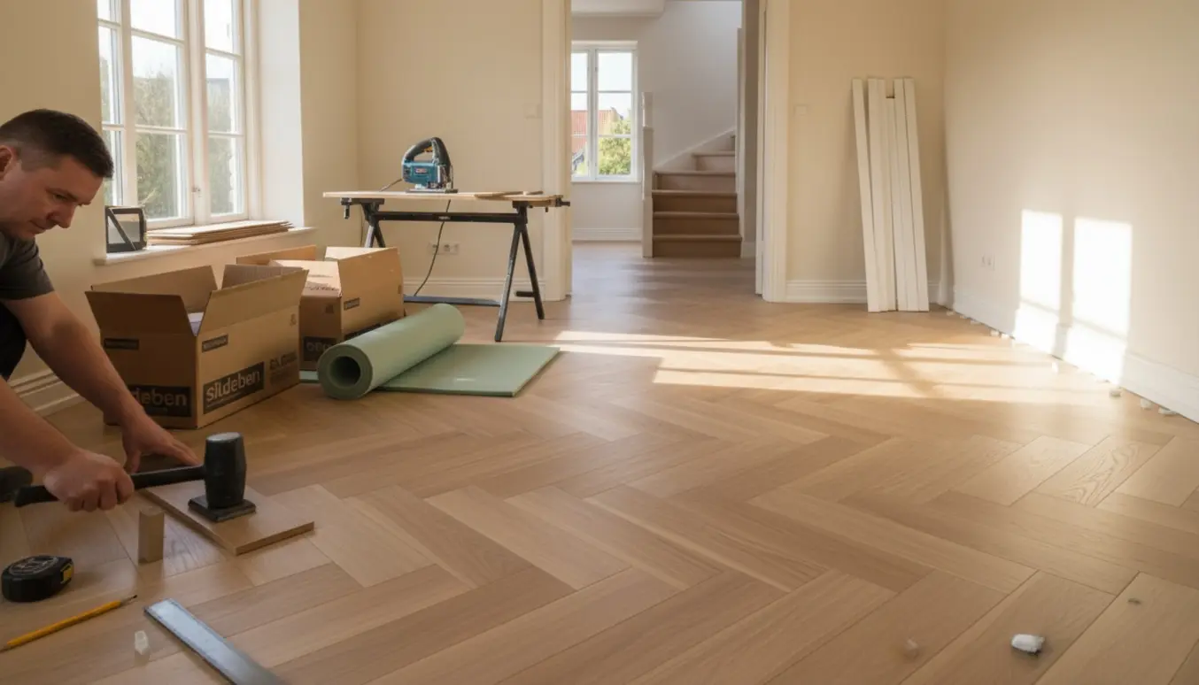 Hænder lægger laminatplanke i sildebenmønster i lyst rum med værktøj, planke-stakke og fodlister klar.