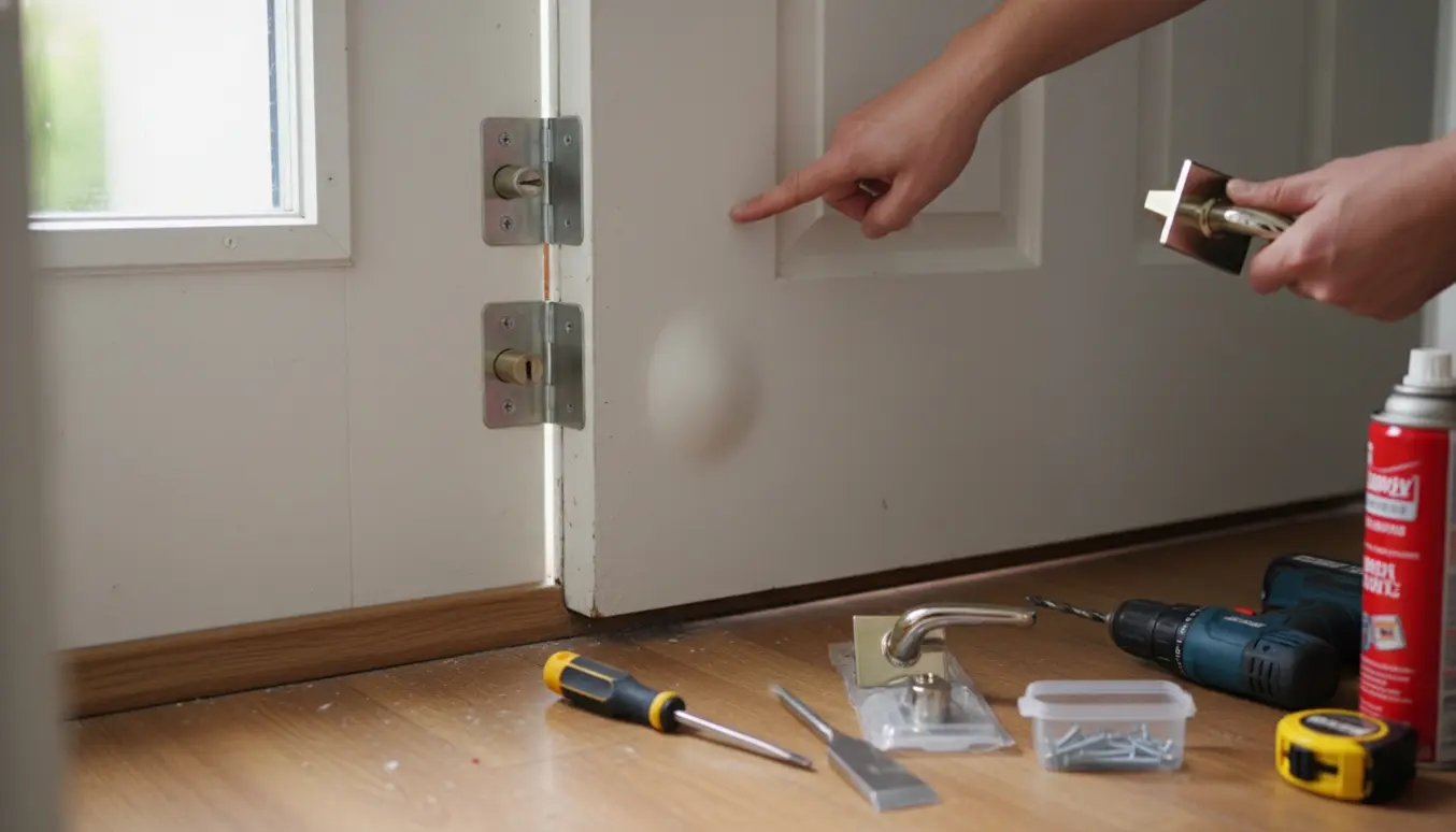 Nærbillede af en hoveddør på klem med en bule nederst og misjusteret låsemekanisme, værktøj lagt på gulvet.