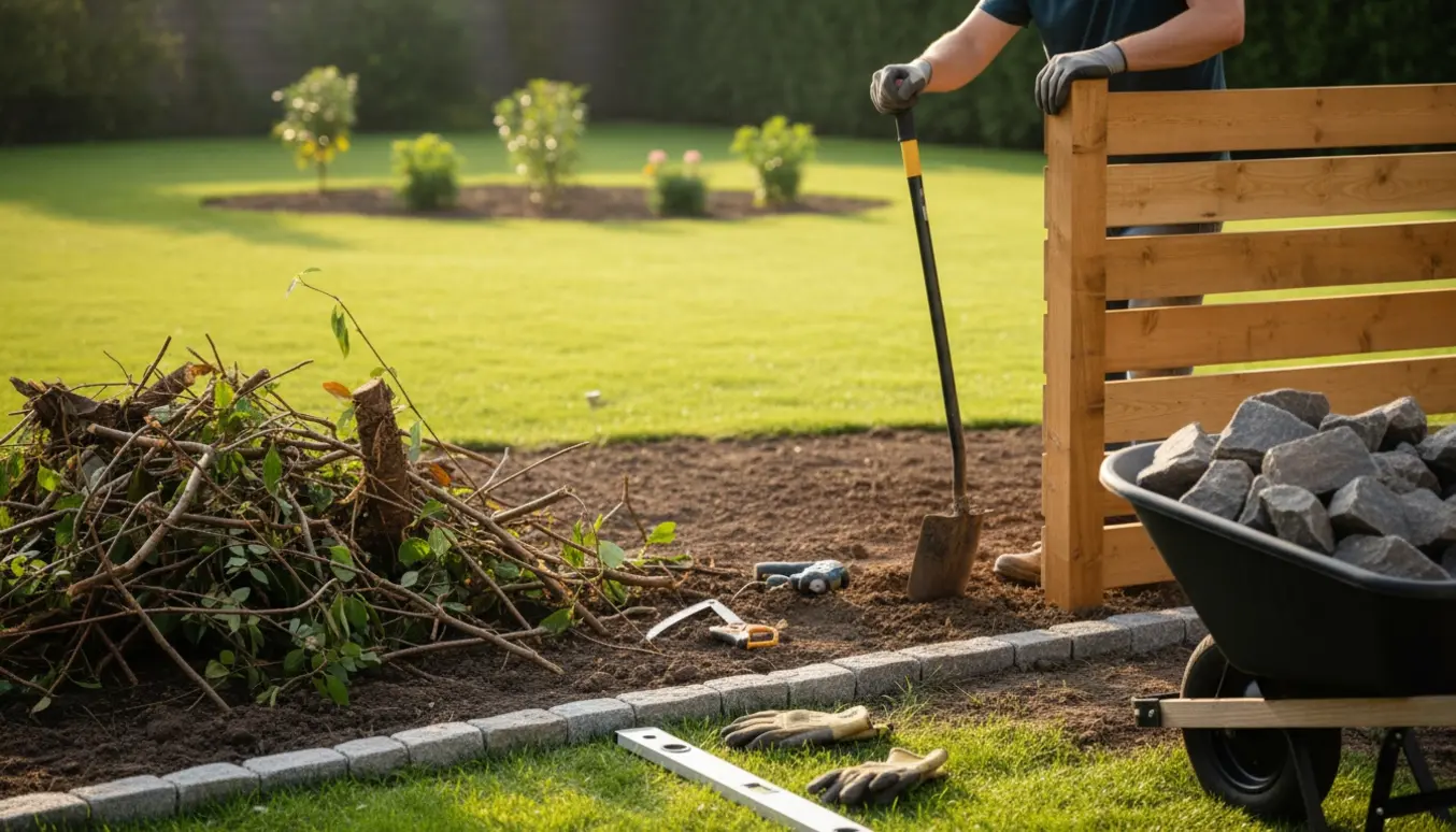 Baghave i renovering med fjernede buske, ny hegnsopsætning og granitsten i bedene.
